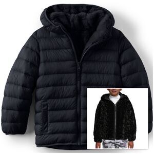 Land's End Unisex Kids Jacket Reversible Insulated Fleece Puffer Hood Sz L 10-12